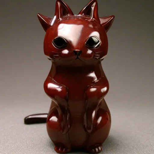 Image similar to demure anthropomorphic cat figurine wearing a kimono, brown resin, highly detailed, intricate, monotone, head tilted down