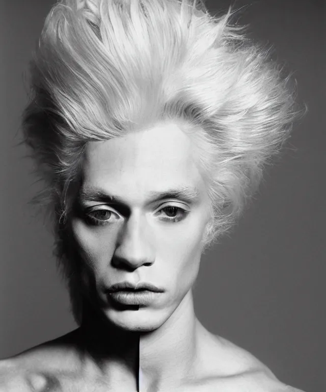 Prompt: a color photograph of a non binary model, platinum blonde, by robert mapplethorpe, intense, bold, hyperrealistic, ultra sharp, extra details, ultra high quality, trending on pinteresst