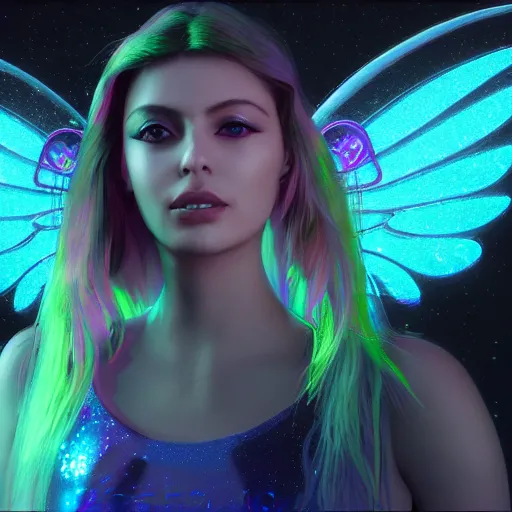 Image similar to neon fluorescent, iridescent young ornella muti with fairy wings cyperpunk 2 0 7 7, unreal engine 5, 8 k ultra realistic, hyperdetailed, volumetric lighting, extremely high quality