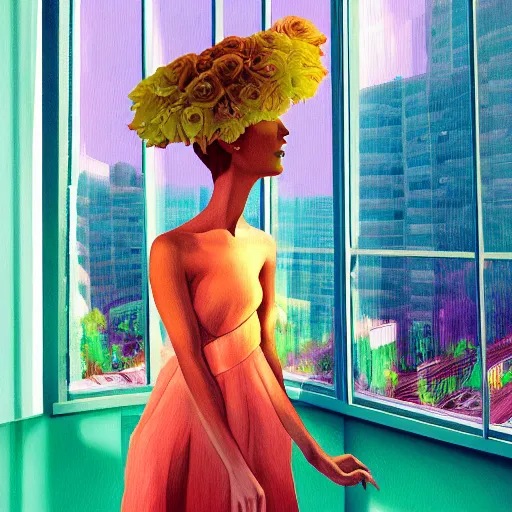 Image similar to portrait, giant flower as head, woman next to modern windows, luxury apartment, surreal photography, dramatic light, impressionist painting, digital painting, artstation, james gilleard