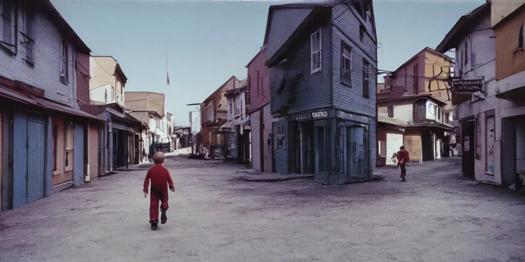 Prompt: color photo of a boy walking down a town in space