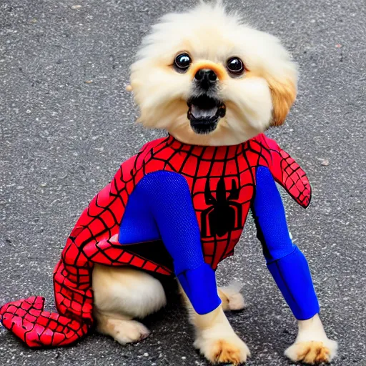 Prompt: dog wearing spiderman suit