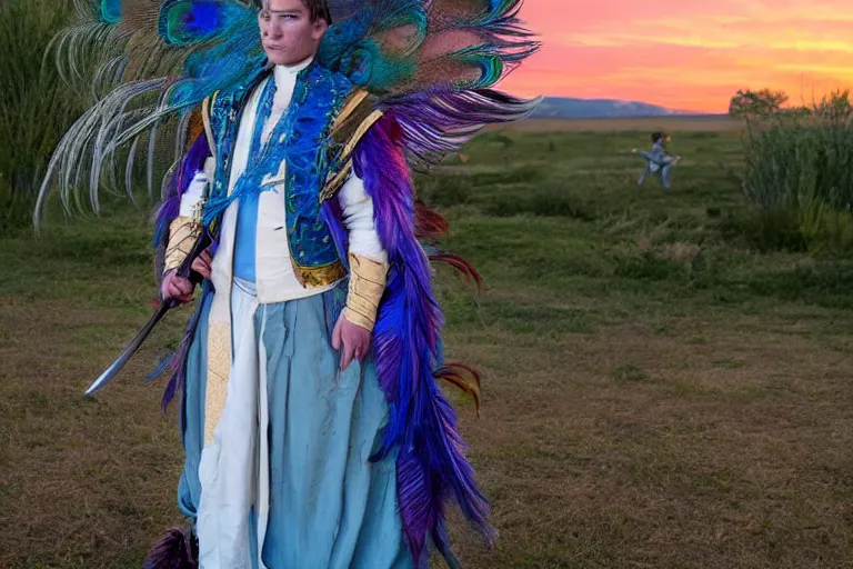 Prompt: valmont sword fighting, beautiful costume, peacock feathers sunset scene from film