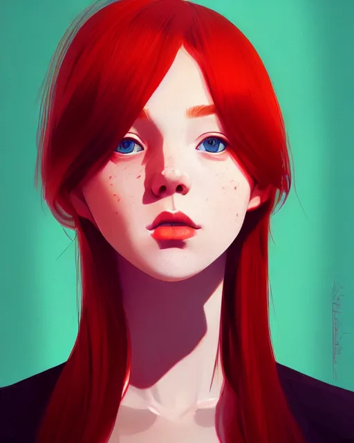 Prompt: a detailed portrait of a cute!!!! woman with red hair and freckles by ilya kuvshinov, digital art, dramatic lighting, dramatic angle