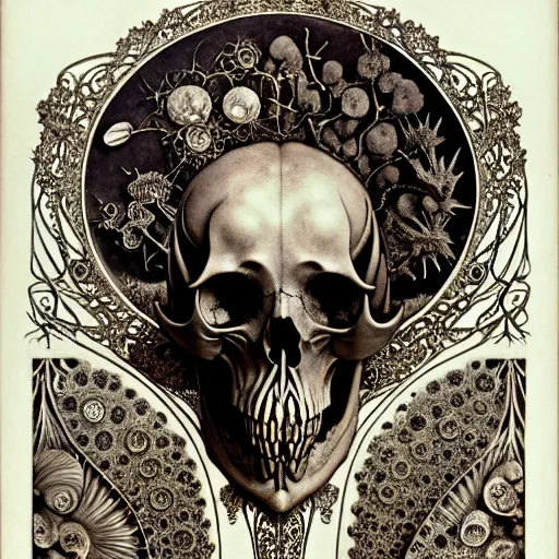 Image similar to art forms of nature by ernst haeckel, memento mori by arthur rackham, ornate antique porcelain beautiful skull mask, ultrasharp, photorealistic, hyperdetailed, octane render, polished, art nouveau, neo - gothic, gothic, intricate ornamental organic filigree, art nouveau botanicals, art forms of nature by ernst haeckel, horizontal symmetry, symbolist, visionary