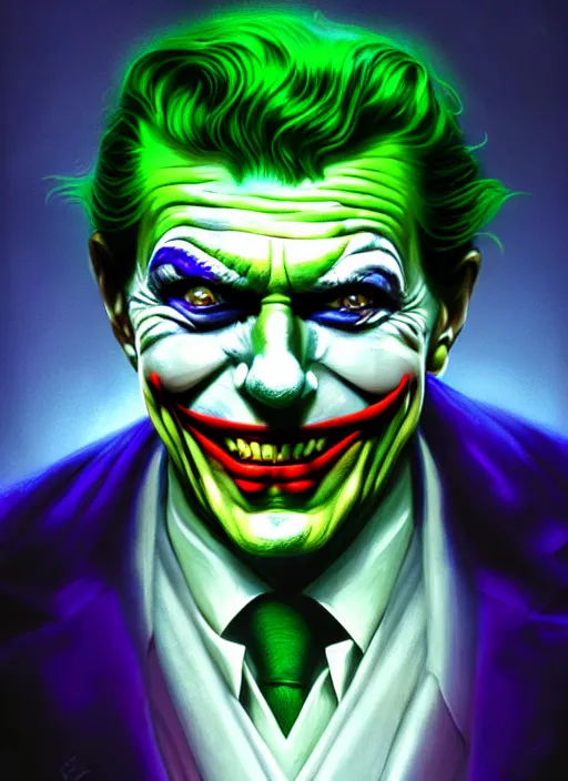 Image similar to portrait of ronald reagan as the joker, green hair, intricate, elegant, glowing lights, highly detailed, digital painting, artstation, concept art, sharp focus, illustration, art by wlop, mars ravelo and greg rutkowski