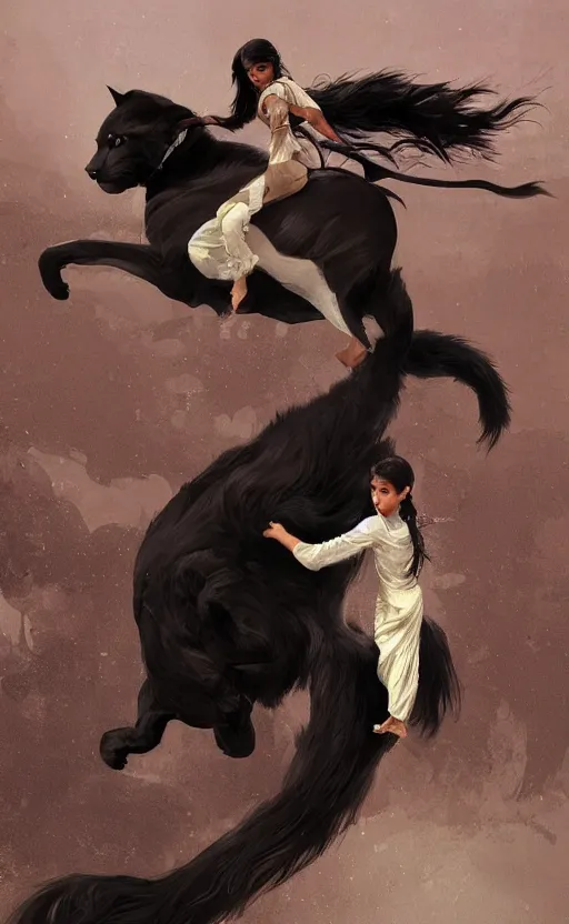 Prompt: an indian girl riding a large black and white cat, highly detailed, digital painting, artstation, concept art, sharp focus, illustration, art by greg rutkowski and alphonse mucha