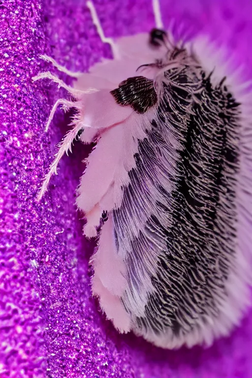 Prompt: high quality close-up photo translucent furry moth! jeweled gorgeous! highly detailed david ligare elson peter cinematic purple neon lighting high quality low angle hd 8k sharp shallow depth of field