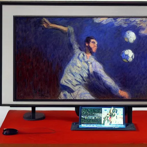 Image similar to monet painting of a skinny man playing warzone on an oversized computer, a soccer ball flying towards him from behind, highly detailed, realistic,