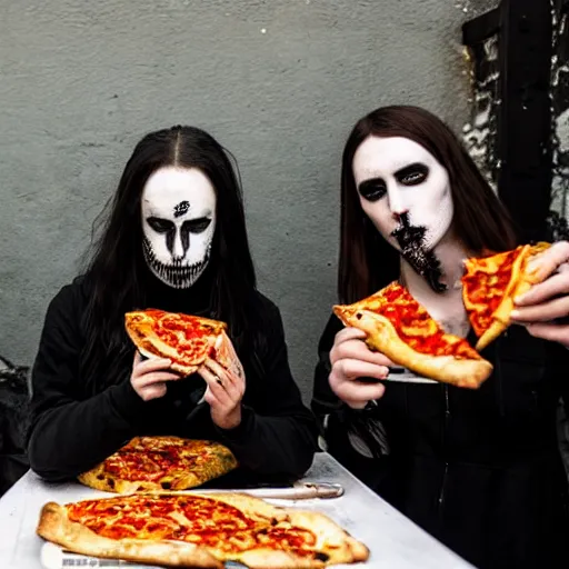 Image similar to a black metal band with makeup standing eating pizza in rome