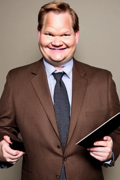 Image similar to full body shot, andy richter wearing a brown suit and necktie and black work boots, ultra hd photo, 3 5 mm close up, fish eye, realistic, smiling, holding a postcard from chicago,