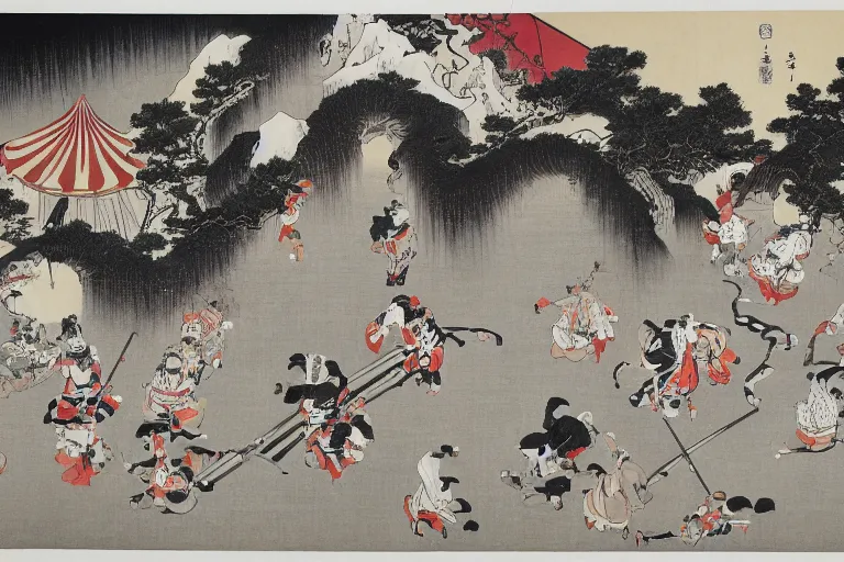 Image similar to black and white japanese painting of a circus, lots of clowns, flat, extremely detailed, water color and ink, painted by hokusai, 4 k,