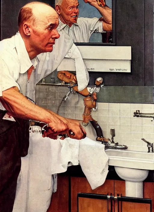 Image similar to a balding white man,, slim, wearing plumber uniform, norman rockwell painting, fixing sink