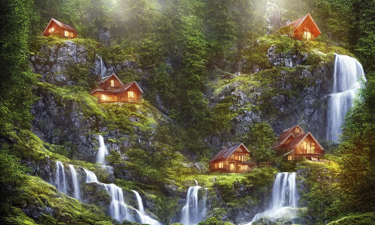 Image similar to scandinavian house in the forest on a hill, a waterfall flows down from the mountain in the background, vector art, fabulous, global illumination, warm lighting, by jordan grimmer