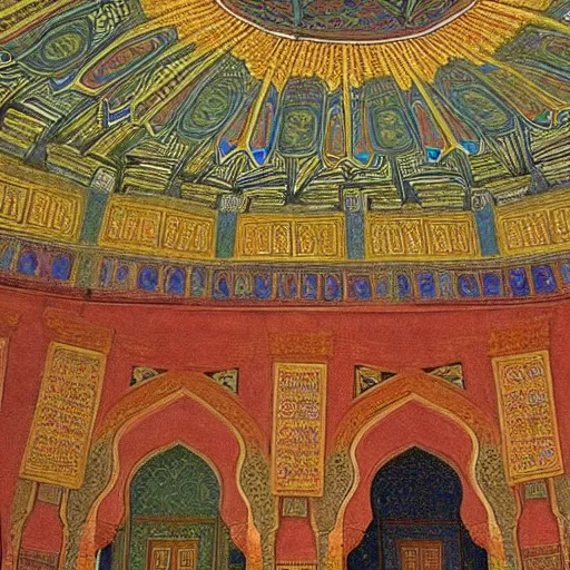Image similar to brightly coloured patterns on its ceilings, osman hamdi bey style,