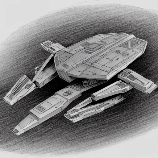 Image similar to isometric view of a star wars space ship in space, pencil sketch, concept art, digital art