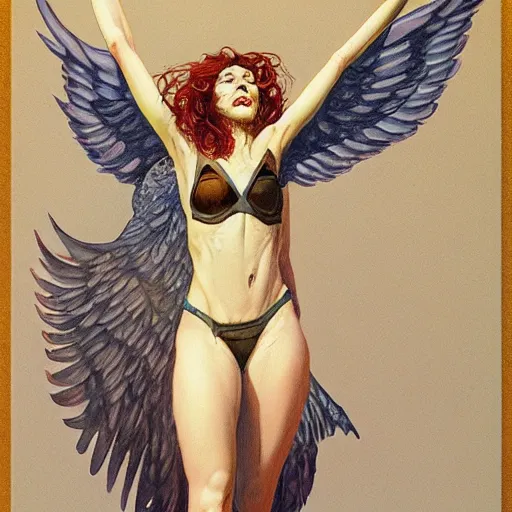 Image similar to portrait of a short woman with long, strong legs, short torso, and wings, by Gerald Brom