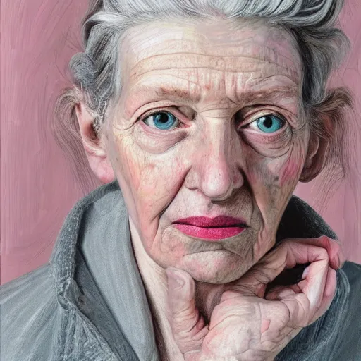 Prompt: high quality high detail painting by lucian freud, hd, pink and gray hair woman portrait, photorealistic lighting