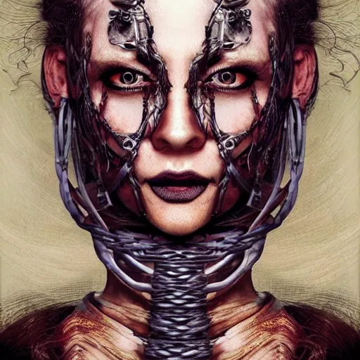 Image similar to portrait of a Shibari rope wrapped face and neck, headshot, insanely nice professional hair style, dramatic hair color, digital painting, of a old 17th century, old cyborg merchant, amber jewels, baroque, ornate clothing, scifi, realistic, hyperdetailed, chiaroscuro, concept art, art by Franz Hals and Jon Foster and Ayami Kojima and Amano and Karol Bak,