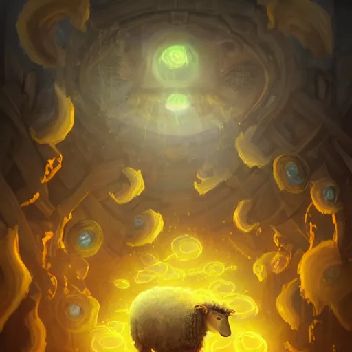 Image similar to a sheep surrounded by yellow magic transparent smoke, hearthstone art style, epic fantasy style art, fantasy epic digital art, epic fantasy card game art