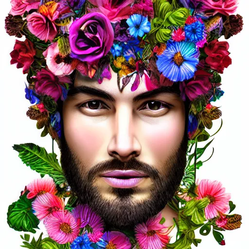 Prompt: gorgeous and handsome man with beautiful flowers growing from his head, opulent, hyper detailed, vivid and vibrant, deep and dense coloration, hyper realistic, digital art, symmetrical,