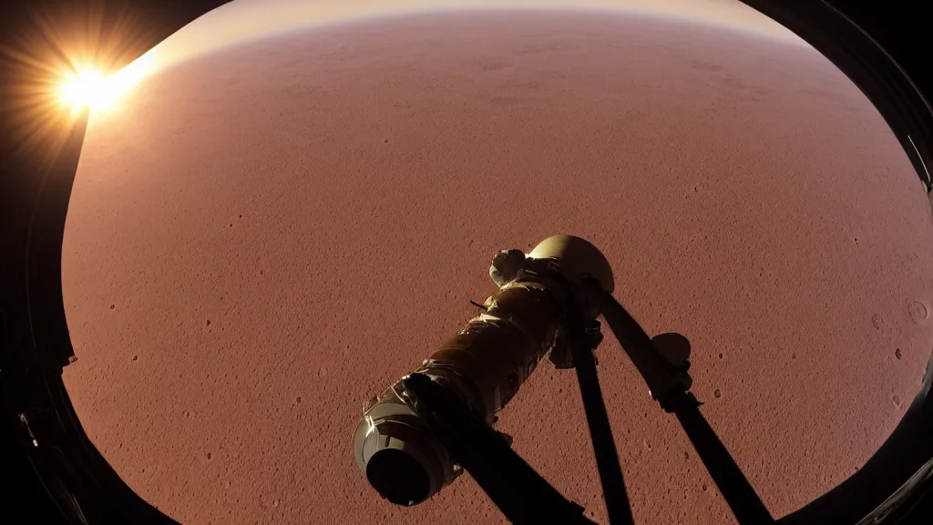 Prompt: sunset view on the surface of titan, an astronaut looking out the window of his station