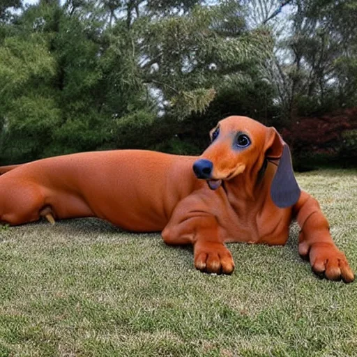 Image similar to realistic photo of a 10 foot long dachshund dog