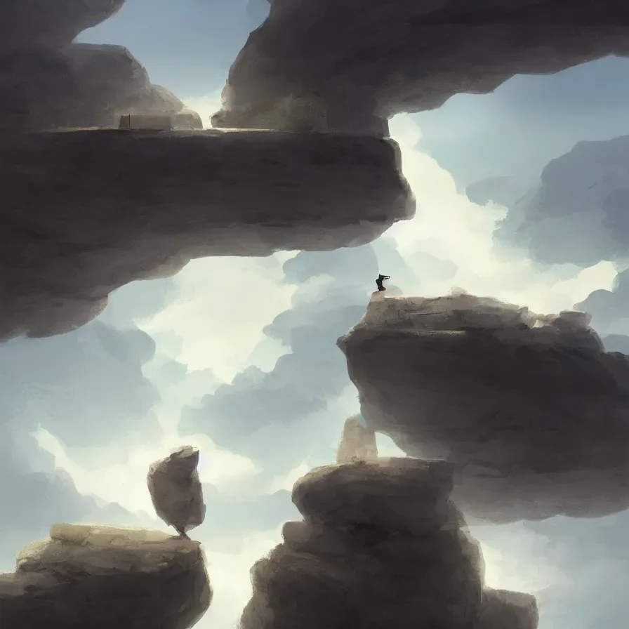 Image similar to Image from afar, man looking from the top of a large rock cliff, the sea hits the large stones hard, the clouds let through subtle rays of light, ilustration art by Goro Fujita, concept art, smooth, sharp focus, ArtStation