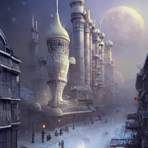 Image similar to It’s dreamy on the streets of Russian panel houses quarters on the Moon city, Norilsk, sci-fi, fantasy, intricate, very very beautiful, elegant, highly detailed composition, digital painting, artstation, concept art, smooth, sharp focus, illustration, art by artgerm and greg rutkowski and alphonse mucha