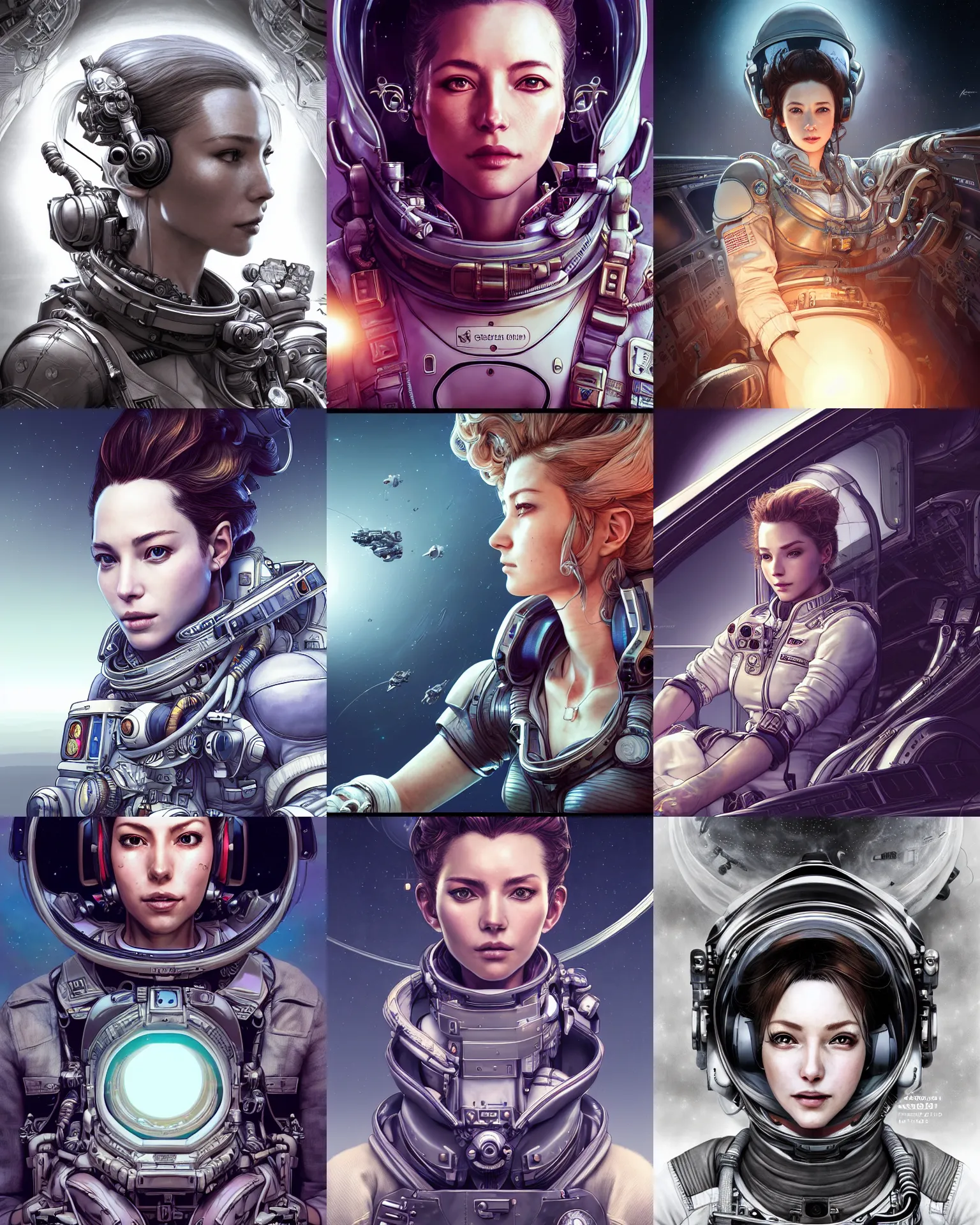 Prompt: the portrait of stunning female space ship pilot absurdly beautiful, gorgeous, elegant, in cockpit, an ultrafine hyperdetailed illustration by kim jung gi, irakli nadar, artgerm, intricate linework, octopath traveler, final fantasy, unreal engine 5 highly rendered, global illumination, radiant light