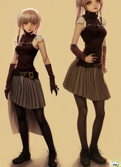 Image similar to portrait of a full body of beautiful young female detective, d & d, sleeveless turtleneck, pleated skirt, fantasy, flat lighting, intricate, highly detailed, digital painting, artstation, concept art, smooth, sharp focus, illustration, misa amane, art by simon bisley and greg rutkowski and alphonse mucha, natural tpose