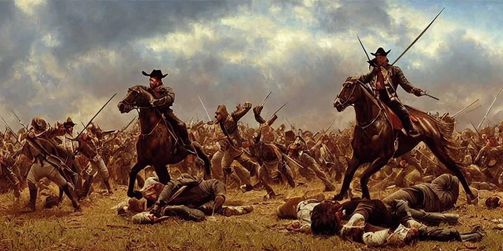 Image similar to the Texas revolution, battle scene, cinematic, epic, amazing, wow, beautiful painting, by Ted Nasmith