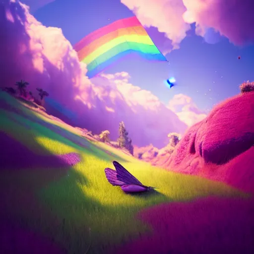 Prompt: nature scene. rainbow mountains. purple sky. fluffy clouds. big green fly. by Petros Afshar, by artgerm, by Eddie Mendoza, by Peter mohrbacher, octane render, 3d, unreal engine, depth of field, bokeh, motion blur, blur