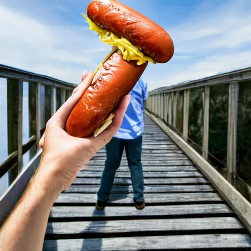 Image similar to stock image guy holding hot dog over a bridge with guy fieri