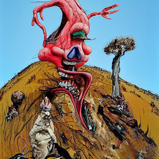 Prompt: a detailed painting titled sad mountain giant by gerald scarfe and ralph steadman