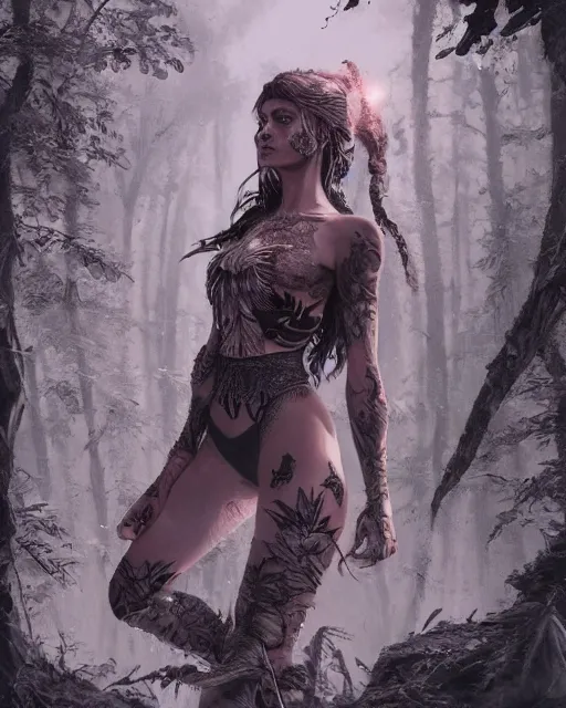 Prompt: a tattooed beautiful female warrior wearing a magical leotard in a magical forest, beautiful face, medium shot, fantasy art, in the style of greg rutkowski, illustration, epic, fantasy, intricate, hyper detailed, artstation, concept art, smooth, sharp focus, vibrant