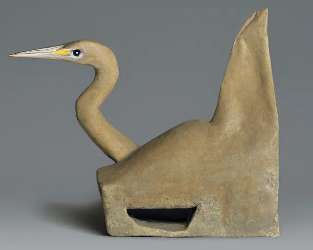 Prompt: an ancient effigy of a heron, clay sculpture, cubism, photograph