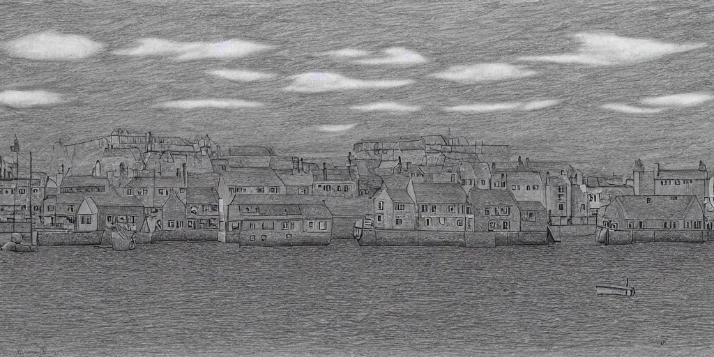 Image similar to a pencil drawing of the harbour at Stromness, orkney islands, small houses, boats, sea, stormy clouds, by Sol LeWitt