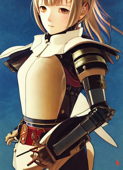 Image similar to ilya kuvshinov anime illustration knight girl in armor, last exile, murata range, fine detail, perfect anime face, dramatic lighting, dynamic composition, art deco, cel shading, vivid, rich texture, ( ( ( yoshinari yoh ) ) ), alphonse mucha, ( ( ( colorful ) ) ), gustav klimt