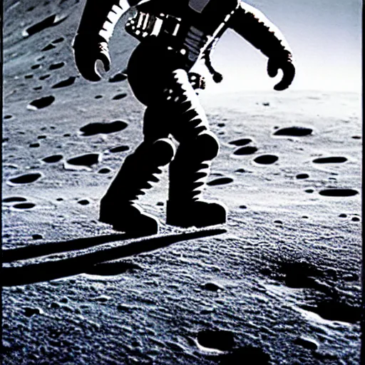 Prompt: A man inside of a mech suit walking on the moon. The mech suit Is made out of black ivory. Photorealistic, coherent.