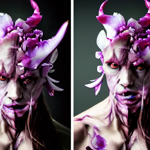 Prompt: a demon inspired by orchids created by the make up artist hungry, photographed by andrew thomas huang, cinematic, expensive visual effects