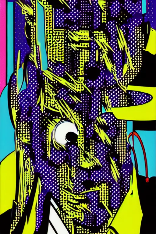 Image similar to futuristic japanese cyberpunk by roy lichtenstein, by andy warhol, ben - day dots, pop art, bladerunner, pixiv contest winner, cyberpunk style, cyberpunk color scheme, mechanical, high resolution, hd, intricate detail, fine detail, 8 k