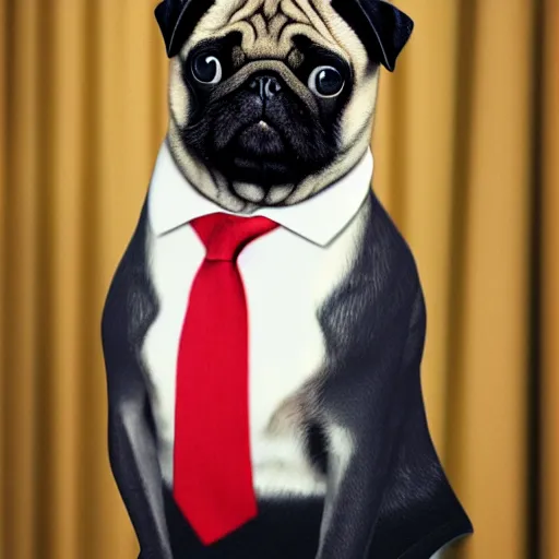 Image similar to a pug president of the usa. in the oval. formal. beautiful. high resolution. highly realistic. close - up.