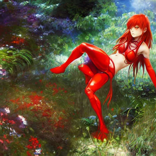 Prompt: asuka langley soryu wandering a garden by raymond swanland, highly detailed