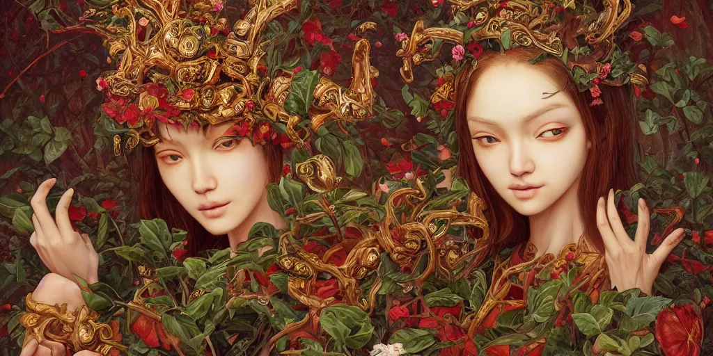 Image similar to breathtaking detailed concept art painting of the goddess of rafflesia arnoldii flowers, orthodox saint, with anxious, piercing eyes, ornate background, amalgamation of leaves and flowers, by Hsiao-Ron Cheng, James jean, Miho Hirano, Hayao Miyazaki, extremely moody lighting, 8K