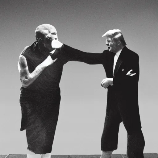 Prompt: gandhi carying donald trump while dancing acrobatic rock on the dance floor, realistic 4 k, detailed image