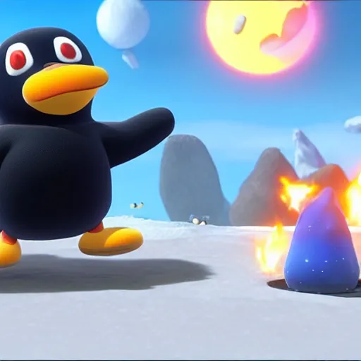 Prompt: Pingu on Super Smash bros ultimate, Nintendo switch