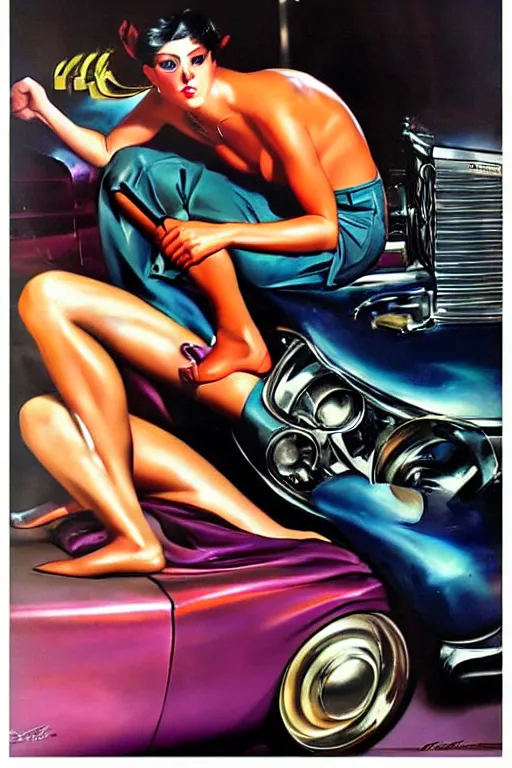 Prompt: muscular mechanic fixing a car engine painting by rolf armstrong, cool colors,