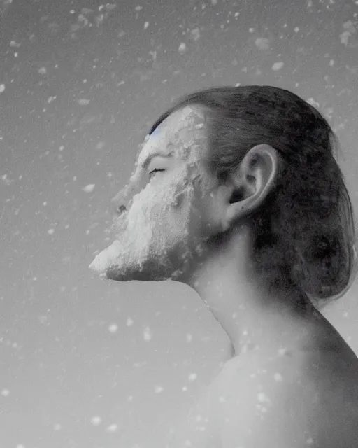 Image similar to a woman's face in profile, made of a snow capped Swiss mountain, in the style of the Dutch masters and Gregory Crewdson, dark and moody