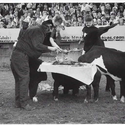 Prompt: cow pie eating contest, newspaper photograph